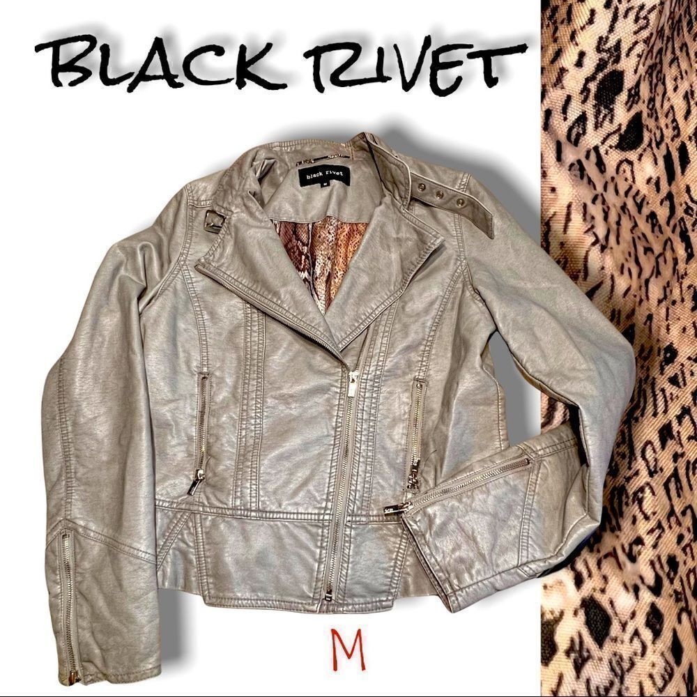 Women’s Vegan Leather black Rivet grey Medium Jacket moto